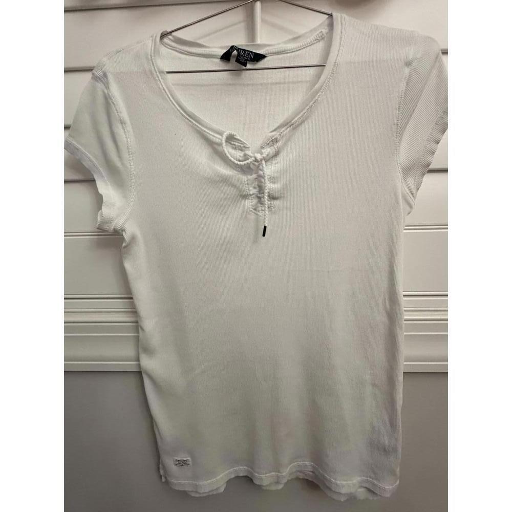 Lauren Ralph Lauren white lace up short sleeve women's top size Large - Picture 1 of 6